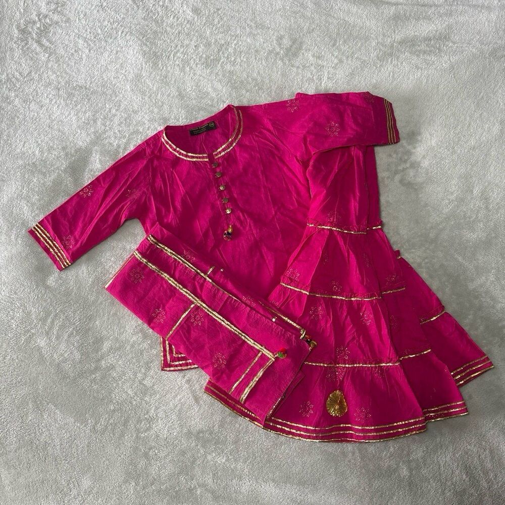 Girls Indian sharara suit 3 piece set pink gold gota patti ethnic wear kurti